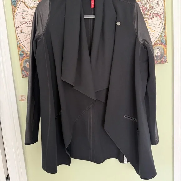 Spanx Ponte Leather Sleeve Drape Front Jacket - Picture 2 of 9